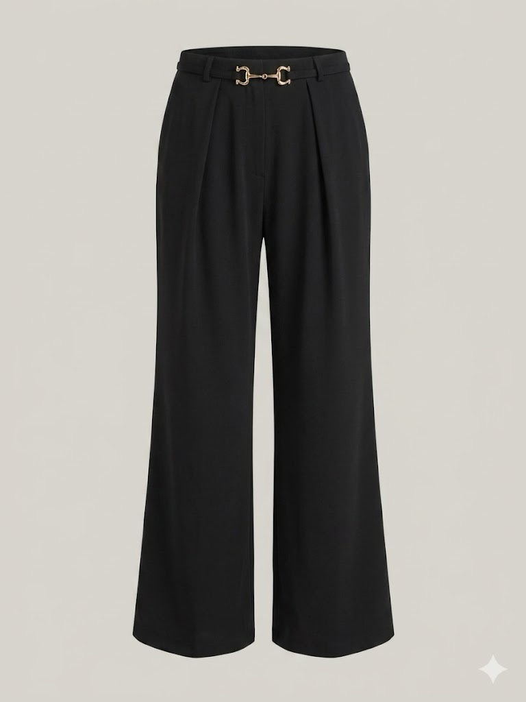 Black Wide-Leg Dress Pants With Gold Hardware